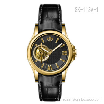 Hot Selling Genuine Leather Watch Band Custom Skeleton Mechanical Movement Men Wrist Watches